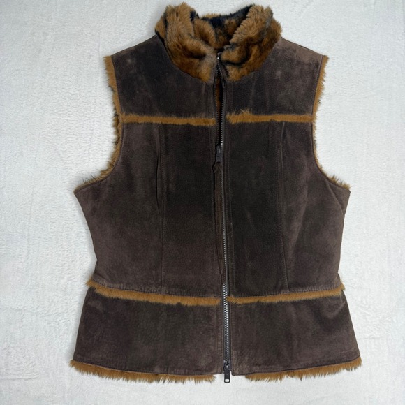 Womens Suede Faux Fur Reversible Vest Brown Black Boho Western Chic Size M - Picture 6 of 8